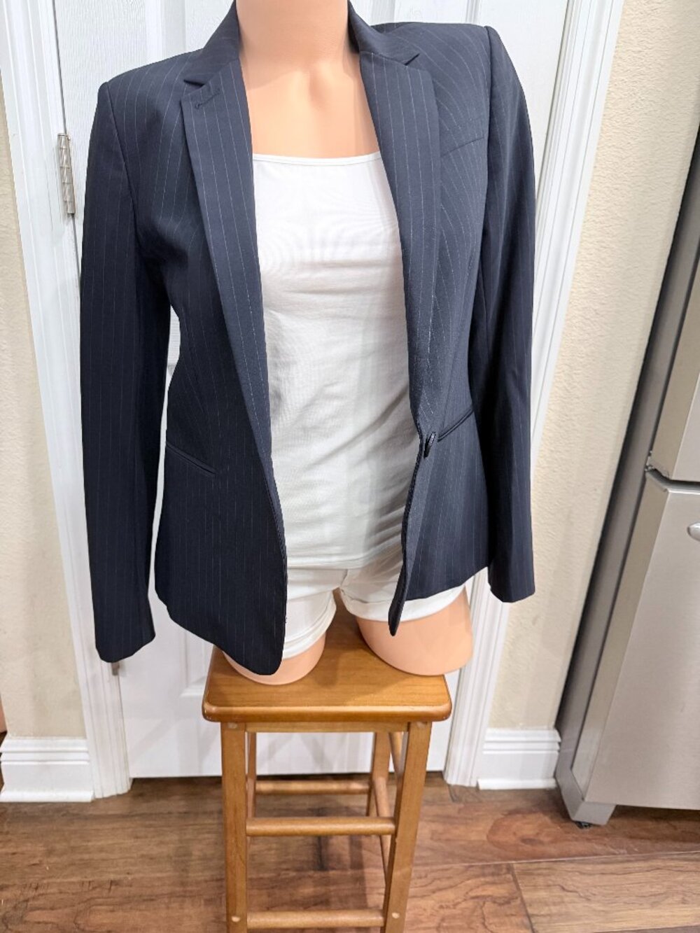 Ann Taylor Petite 6P Navy Blue Pinstripe Wool Blend Stretch Blazer Career Jacket